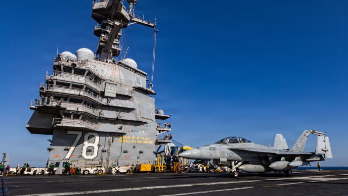An F/A-18 taxis before flight aboard USS Gerald R. Ford (CVN 78) during Operation Epic Fury March 6, 2026. (U.S Navy Photo)