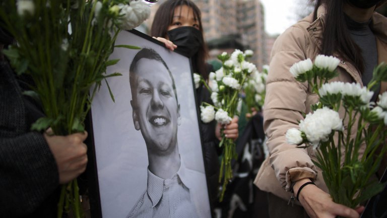 Demonstrators from the Taiwan Action Front for Palestine display a portrait of Aaron Bushnell, a 25-year-old active duty member of the US Air Force who setting himself on fire outside the Israel Embassy in Washington, during a protest against US's policies to Israel and Palestine, outside the American Institute in Taiwan (AIT) in Taipei on March 7, 2024. (Photo by Sam Yeh / AFP) (Photo by SAM YEH/AFP via Getty Images)