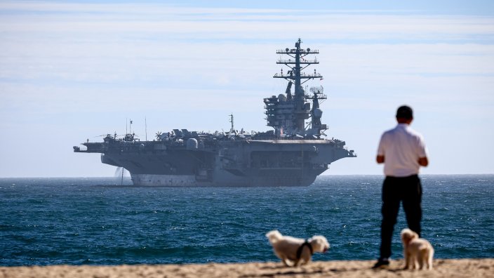 The US Navy aircraft carrier USS Nimitz sails on Panama Bay, in Panama City on March 30, 2026. The ship reached the country alongside the guided-missile destroyer USS Gridley (DDG 101), as part of the multinational maritime cooperation exercises "Mares del Sur 2026." (Photo by HUGE PERALTA / AFP via Getty Images)