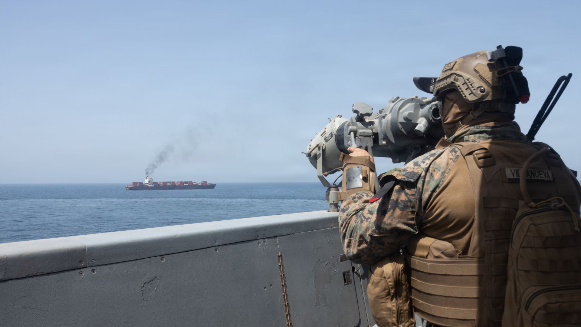 Image: ARABIAN SEA - APRIL 20: (EDITOR'S NOTE: This Handout image was provided by a third-party organization and may not adhere to Getty Images' editorial policy.) In this handout photo provided by U.S. Central Command, U.S. forces patrol the Arabian Sea near M/V Touska on April 20, 2026, after firing upon the Iranian-flagged vessel that the U.S. accused of attempting to violate the U.S. naval blockade of Iranian ports near the Strait of Hormuz. (Handout Photo by the U.S. Navy via Getty Images) 