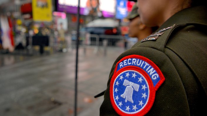 A U.S. Army recruiter with the U.S. Army New York City Recruiting Battalion stands at attention during a celebration of the Army’s 250th Birthday in Times Square, New York on June 14, 2025. More than 250 soldiers, government officials, and distinguished guests attended the celebration, which featured musical performances, an Oath of Enlistment, and a cake-cutting ceremony. The event is one of the weeklong U.S. Army NYC Recruiting Battalion hosted Army 250th Birthday NYC citywide celebrations. (U.S. Army Photo By: Master Sgt. Gregory Williams/Released)