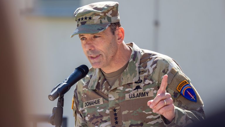 Gen. Chris Donahue, commanding general of U.S. Army Europe and Africa, speaks during a change of command ceremony at Clay Kaserne, Germany, July 10, 2025. During the ceremony, the unit’s outgoing commander, Maj. Gen. John L. Rafferty, relinquished command to the incoming commander, Maj. Gen. Steven Carpenter. (U.S. Army photo by SGT Terry Vongsouthi)