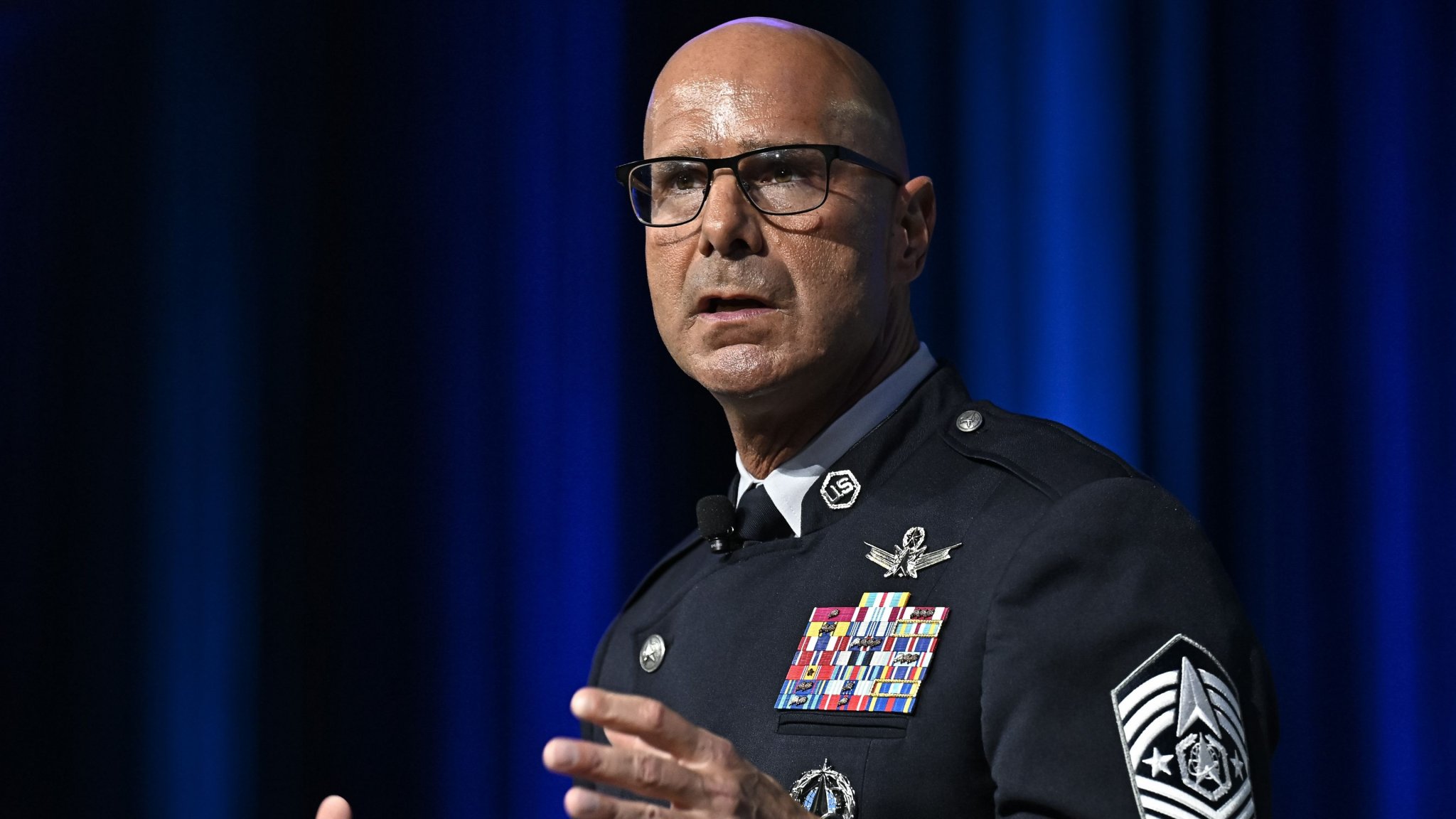 Chief Master Sgt. of the Space Force John Bentivegna delivers his keynote “The Guardian Experience: Answering the Call, Building the Force” during the Air, Space & Cyber Conference in National Harbor, Md., Sept. 23, 2025. (U.S. Air Force photo by Eric Dietrich)