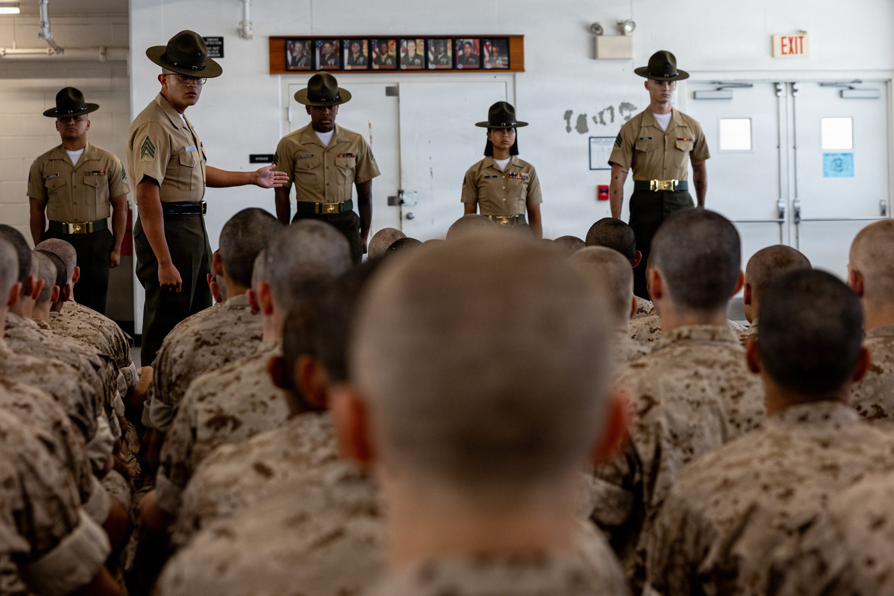 U.S. Marine Corps Sgt. Juan Pacheco, a senior drill instructor with Mike Company, 3rd Recruit Training Battalion, affirms the senior drill instructor speech during Pick-Up Day at Marine Corps Recruit Depot San Diego, California, May 30, 2026. Pick-Up Day signifies the first official day of training in which recruits will meet their drill instructor team for the first time, prepare their gear and squad bays, and expectations are set for the remainder of their time in recruit training. (U.S. Marine Corps photo by Cpl. Evelyn Doherty)
