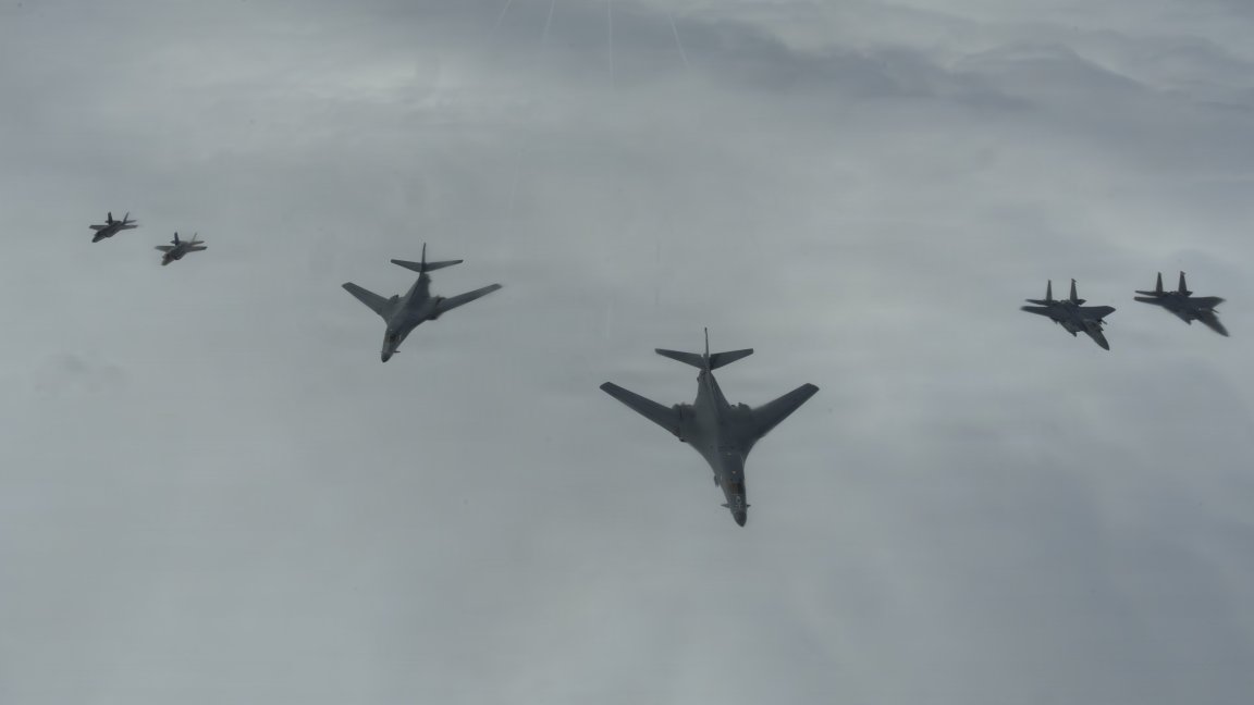 U.S. Air Force B-1B Lancers, F-15E Strike Eagles, and F-35A Lightning IIs fly in a formation during Astral Knight 26 over the North Sea, June 8, 2026. Aerial refueling operations increase the range and endurance of combat aircraft, supporting tactical integrated air and missile defense and tactical command and control during AK26. (U.S. Air Force photo by Staff Sgt. Nash Truitt)  Caption: Air Force B-1B bombers, F-15E Strike Eagles and F-35A Lightning IIs fly over the North Sea on June 8, 2026 as part of the Astral Knight 26 exercise. U.S. Air Force photo by Staff Sgt. Nash Truitt