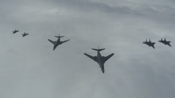 U.S. Air Force B-1B Lancers, F-15E Strike Eagles, and F-35A Lightning IIs fly in a formation during Astral Knight 26 over the North Sea, June 8, 2026. Aerial refueling operations increase the range and endurance of combat aircraft, supporting tactical integrated air and missile defense and tactical command and control during AK26. (U.S. Air Force photo by Staff Sgt. Nash Truitt)  Caption: Air Force B-1B bombers, F-15E Strike Eagles and F-35A Lightning IIs fly over the North Sea on June 8, 2026 as part of the Astral Knight 26 exercise. U.S. Air Force photo by Staff Sgt. Nash Truitt
