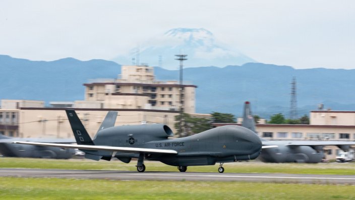 A U.S. Air Force RQ-4B Global Hawk Block 40 assigned to the 4th Reconnaissance Squadron taxis on the runway at Yokota Air Base, Japan, May 27, 2026. The mission of the 4 RS is to support U.S. intelligence, surveillance and reconnaissance priorities, operational plans and contingency operations throughout the Indo-Pacific. (U.S. Air Force photo by Senior Airman Jacob Wood) 
