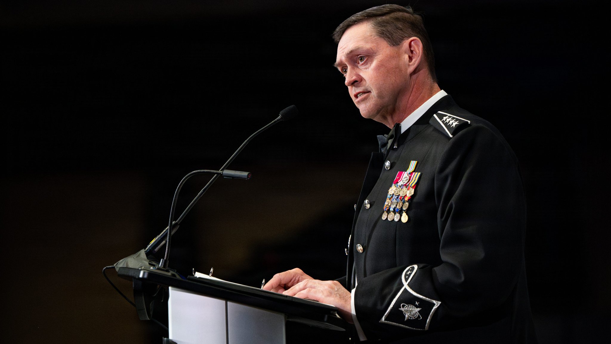 U.S. Space Force Chief of Space Operations Gen. Chance Saltzman speaks to graduates of the U.S. Air Force Weapons School in Las Vegas, Nevada, June 13, 2026. Saltzman encouraged the class to lead with humility, expertise, and innovation as they returned to their units as the Air Force and Space Force’s premiere tactical and operational experts. (U.S. Air Force photo by Airman 1st Class Bella Swarr)