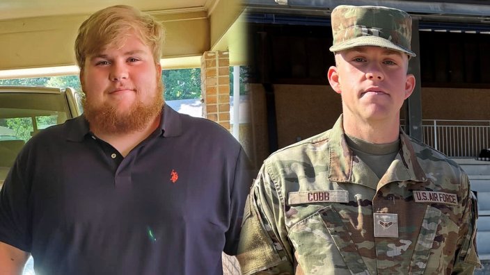 Airman 1st Class Ethan Cobb before (left) and after (right) losing 200 pounds to enlist in the service.