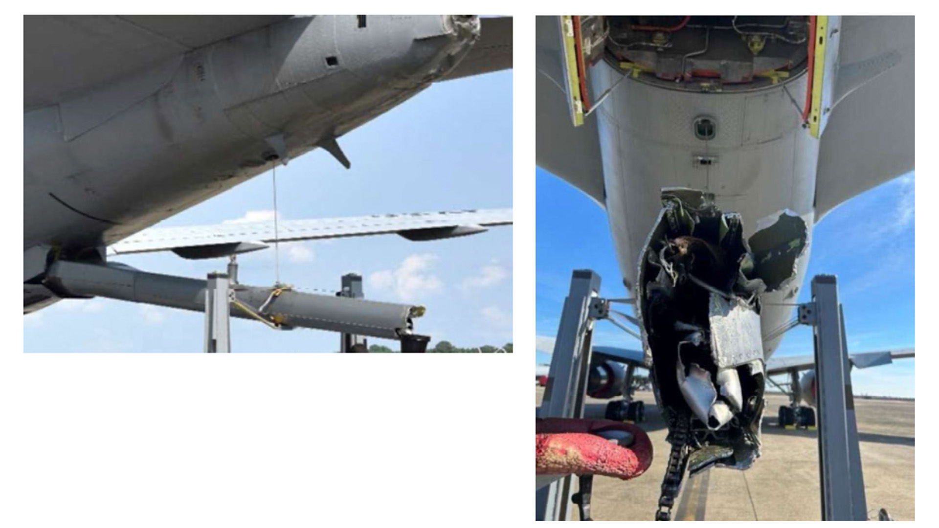 Photos of damage to the refueling boom of a KC-46A tanker after a 2025 refueling accident that ripped the fuel probe off the plane over the Atlantic Ocean.