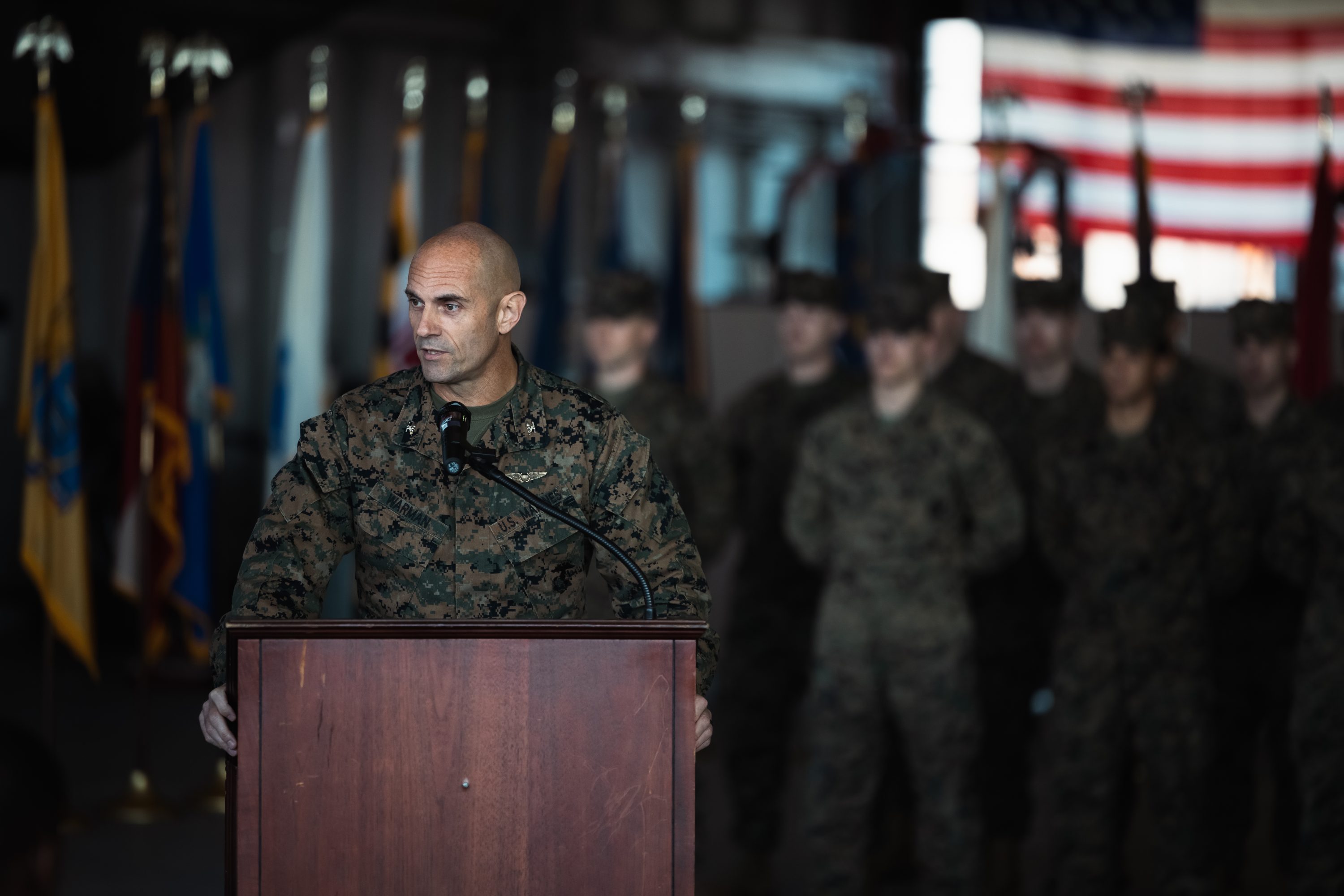 U.S. Marine Corps Col. Scott Warman, commanding officer of Marine Corps Air Facility Quantico, addresses the crowd during a relief and appointment ceremony at MCAF on Marine Corps Base Quantico, Virginia, Dec. 3, 2024. 1st Sgt. Brandon Smart transferred authority to 1st Sgt. Christopher Rushton after serving as the senior enlisted leader for over a year. (U.S. Marine Corps photo by Lance Cpl. Ethan Miller)