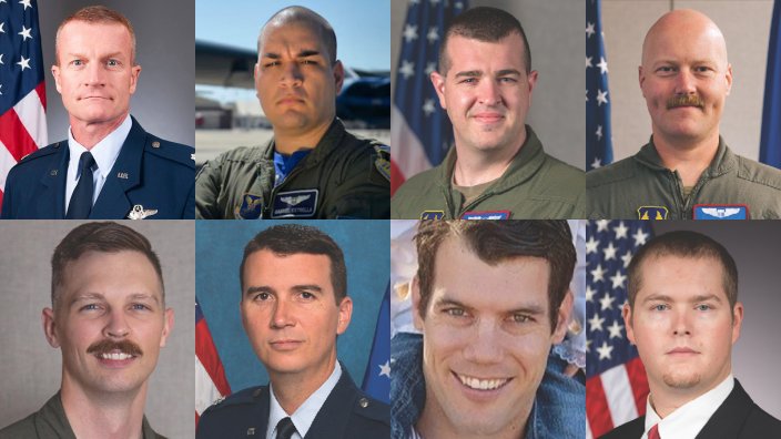 The Air Force released the names of the crew killed June 15 in a crash at Edwards Air Force Base, California. (top row) Col. (select) Gregory Watson; Lt. Col. Gabriel Estrella; Maj. Alexander Davis; Maj. Robert Dee; (bottom row) Maj. Brad Hovey; retired Lt. Col. Miles Middleton; civilians Christopher Rischar and Jeromy Smith.