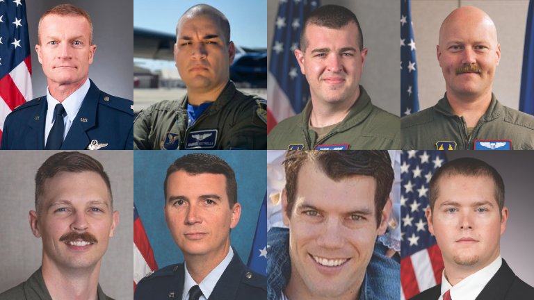 The Air Force released the names of the crew killed June 15 in a crash at Edwards Air Force Base, California. (top row) Col. (select) Gregory Watson; Lt. Col. Gabriel Estrella; Maj. Alexander Davis; Maj. Robert Dee; (bottom row) Maj. Brad Hovey; retired Lt. Col. Miles Middleton; civilians Christopher Rischar and Jeromy Smith.