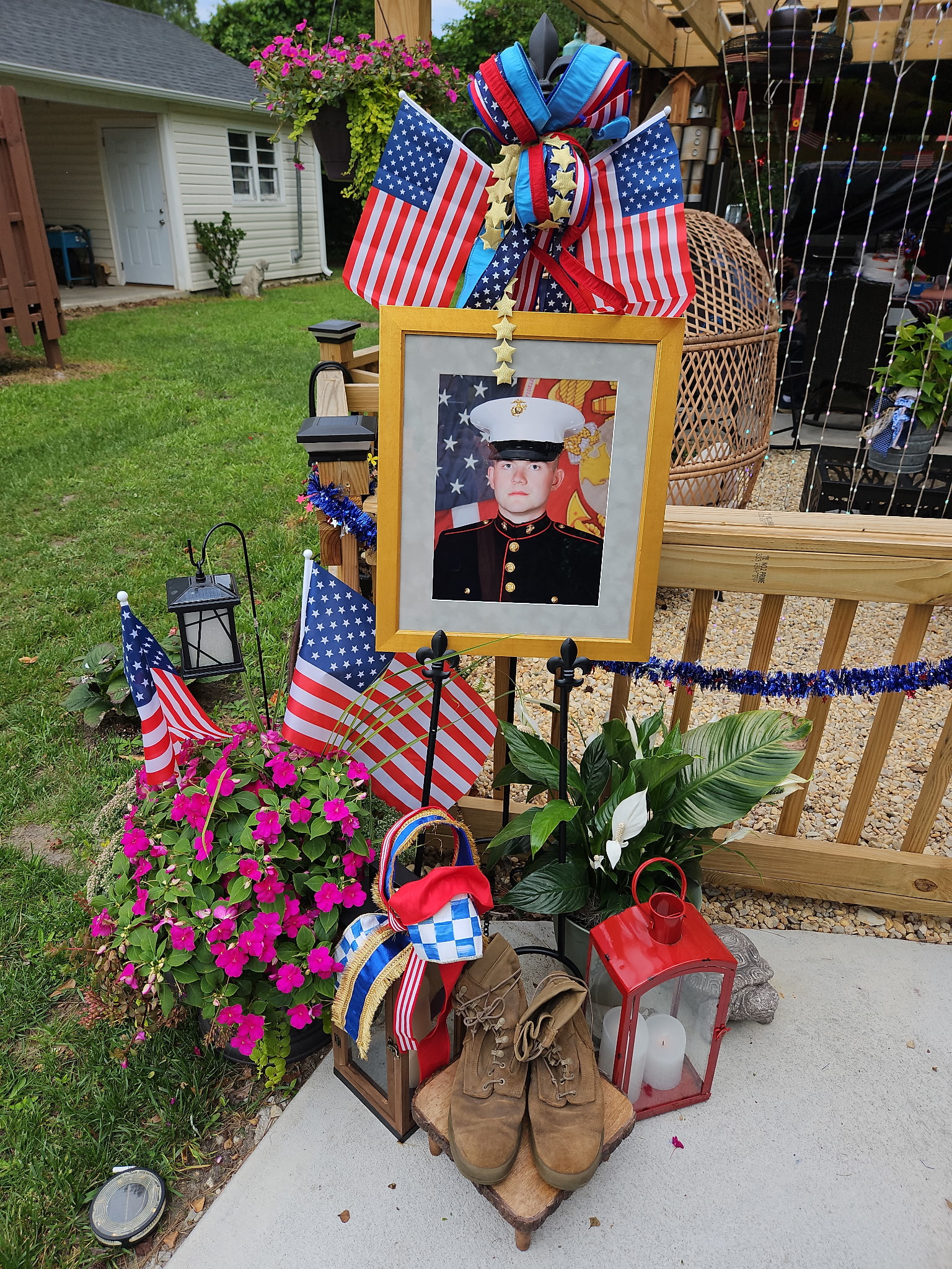 The Mobleys assembled a memorial to Drew at their home in Wallace, North Carolina, after his death in 2025. (Photo courtesy of April Mobley)