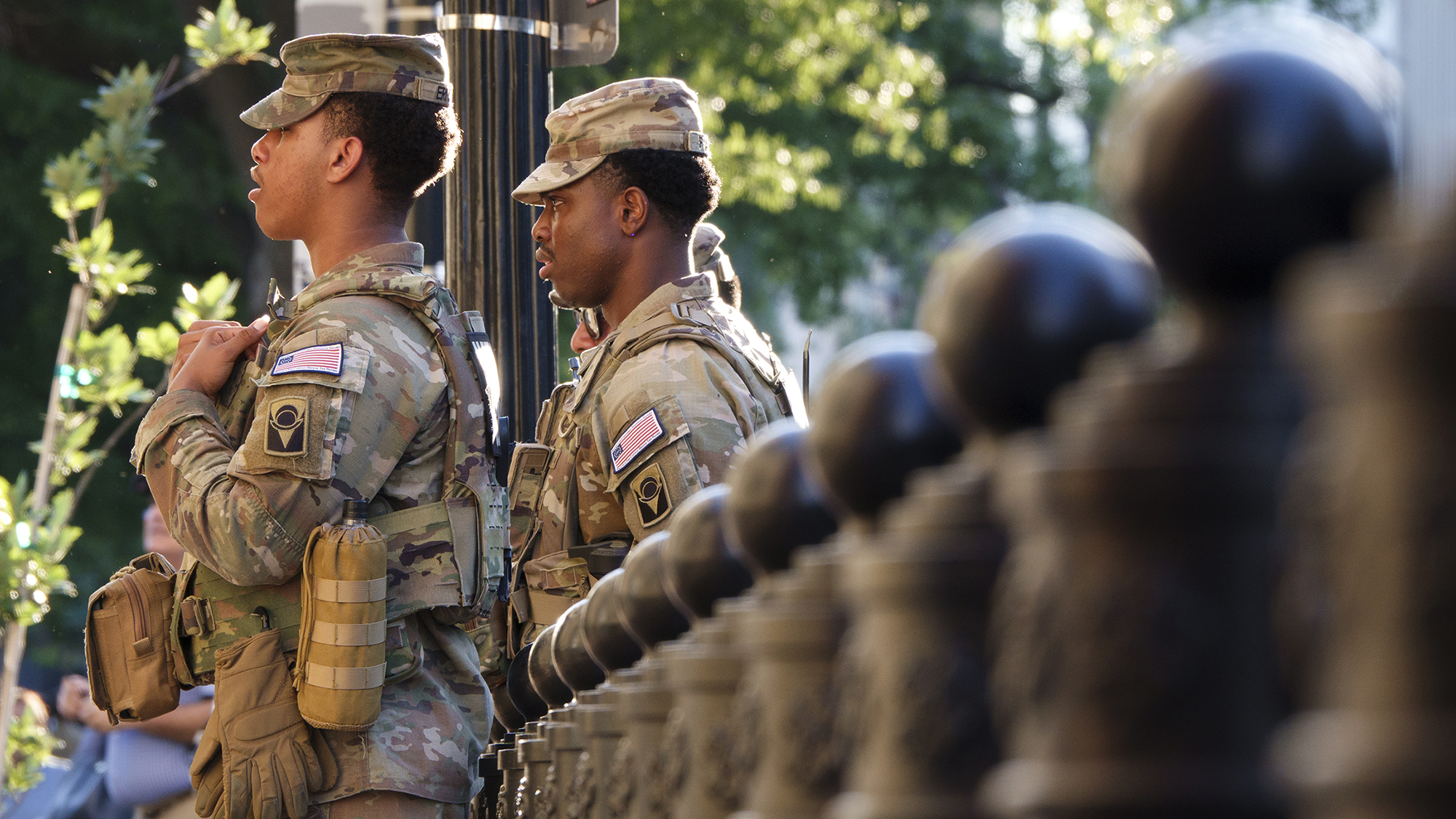 WASHINGTON, DC - JUNE 3: Members of the National Guard stand near the White House on June 3, 2026 in Washington, DC. (Photo by Kevin Carter/Getty Images)