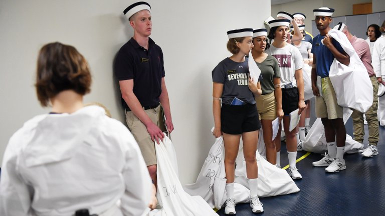 ANNAPOLIS, MD - JUNE 28: Incoming freshmen or plebes are seen at Alumni Hall during Induction Day at the United States Naval Academy on Thursday June 28, 2018 in Annapolis, MD. The annual event welcomed incoming plebes for the 2022 class. (Photo by Matt McClain/The Washington Post via Getty Images)