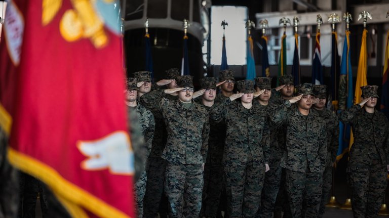 U.S. Marines with Marine Corps Air Facility Quantico salute during a relief and appointment ceremony at MCAF on Marine Corps Base Quantico, Virginia, Dec. 3, 2024. 1st Sgt. Brandon Smart transferred authority to 1st Sgt. Christopher Rushton after serving as the senior enlisted leader for over a year. (U.S. Marine Corps photo by Lance Cpl. Ethan Miller)