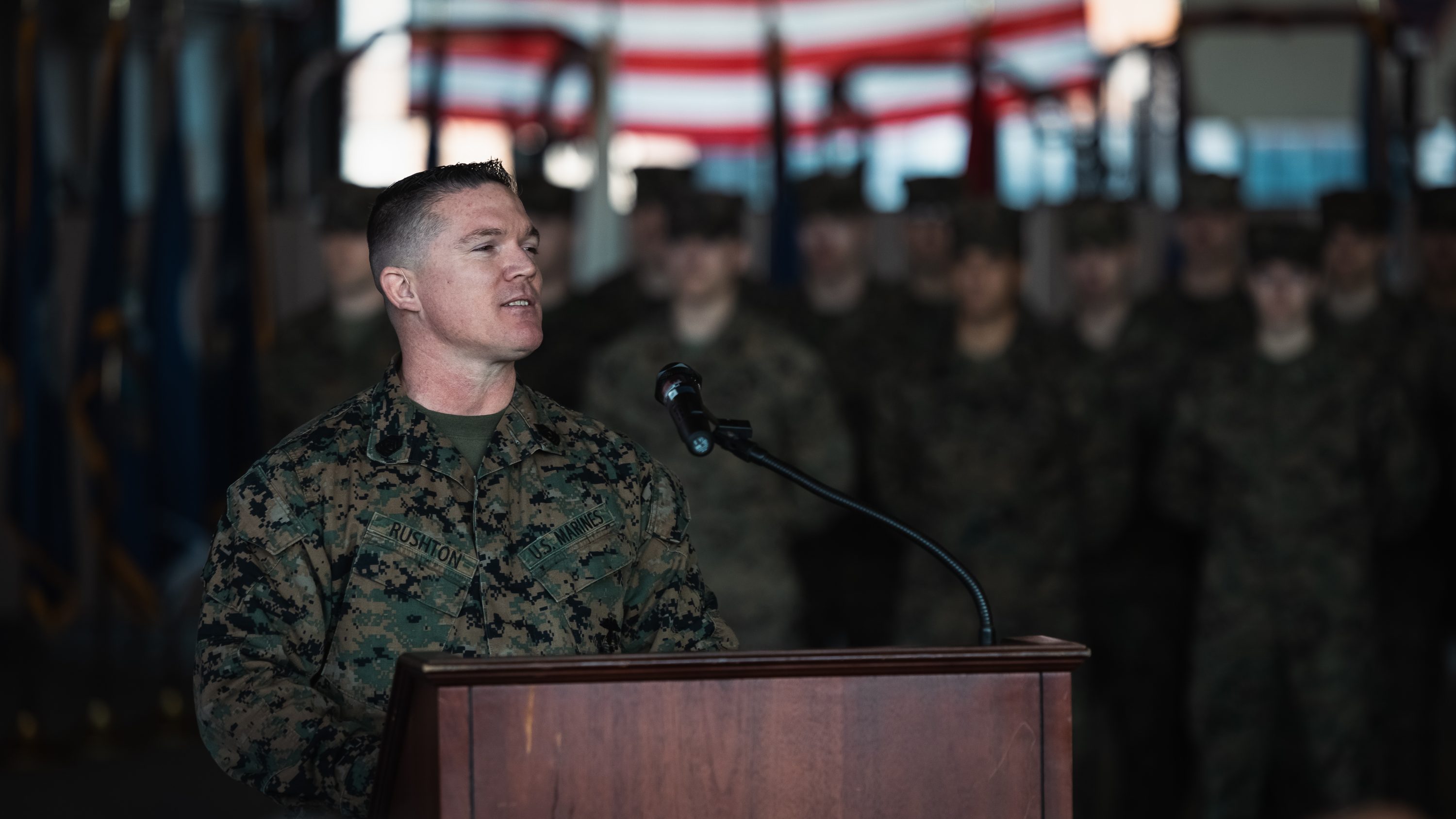 U.S. Marine Corps 1st Sgt. Christopher Rushton, incoming senior enlisted leader of Marine Corps Air Facility Quantico, addresses the crowd during a relief and appointment ceremony at MCAF on Marine Corps Base Quantico, Virginia, Dec. 3, 2024. 1st Sgt. Brandon Smart transferred authority to Rushton after serving as the senior enlisted leader for over a year. (U.S. Marine Corps photo by Lance Cpl. Ethan Miller)