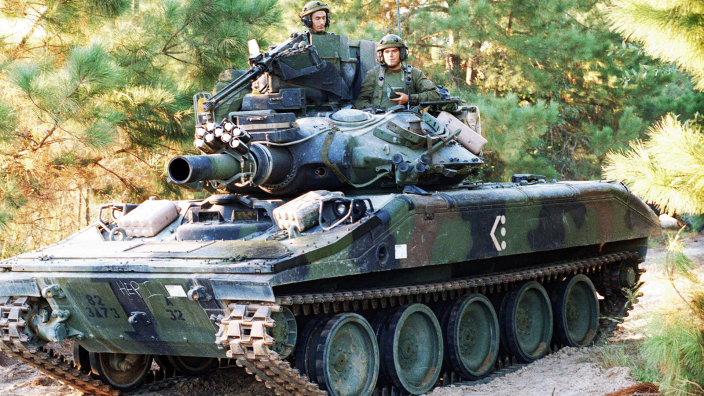 An Armored Crew from the 3rd Battalion 73rd Armor Regiment (Airborne), 82d Airborne Division, driving a M551A1 Sheridan light tank.