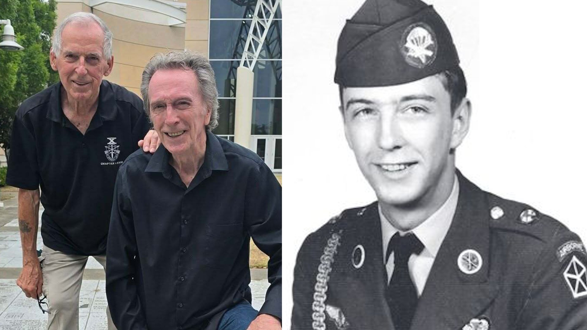 Right: Terry McIntosh, kneeling, with retired Lt. Col. Al Kittredge at Fort Bragg, North Carolina in June 2026. Left: An undated photo of McIntosh during his time in the Army.