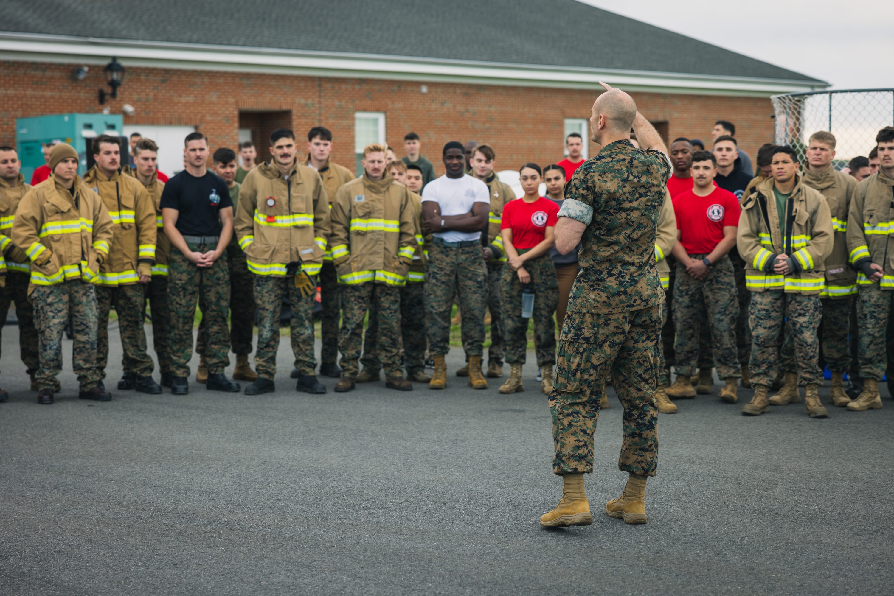 U.S. Marine Corps Lt. Col. Scott Warman, a Massachusetts native and commanding officer of Marine Corps Air Facility, addresses the participants before the Aircraft Rescue and Fire Fighter Rodeo competition on Marine Corps Base Quantico, Virginia, April 15, 2024. The ARFF Rodeo is a competition for Marines to showcase their operational knowledge of firefighting tactics, techniques, and procedures. (U.S. Marine Corps Photo by Lance Cpl. Joaquin Dela Torre)
