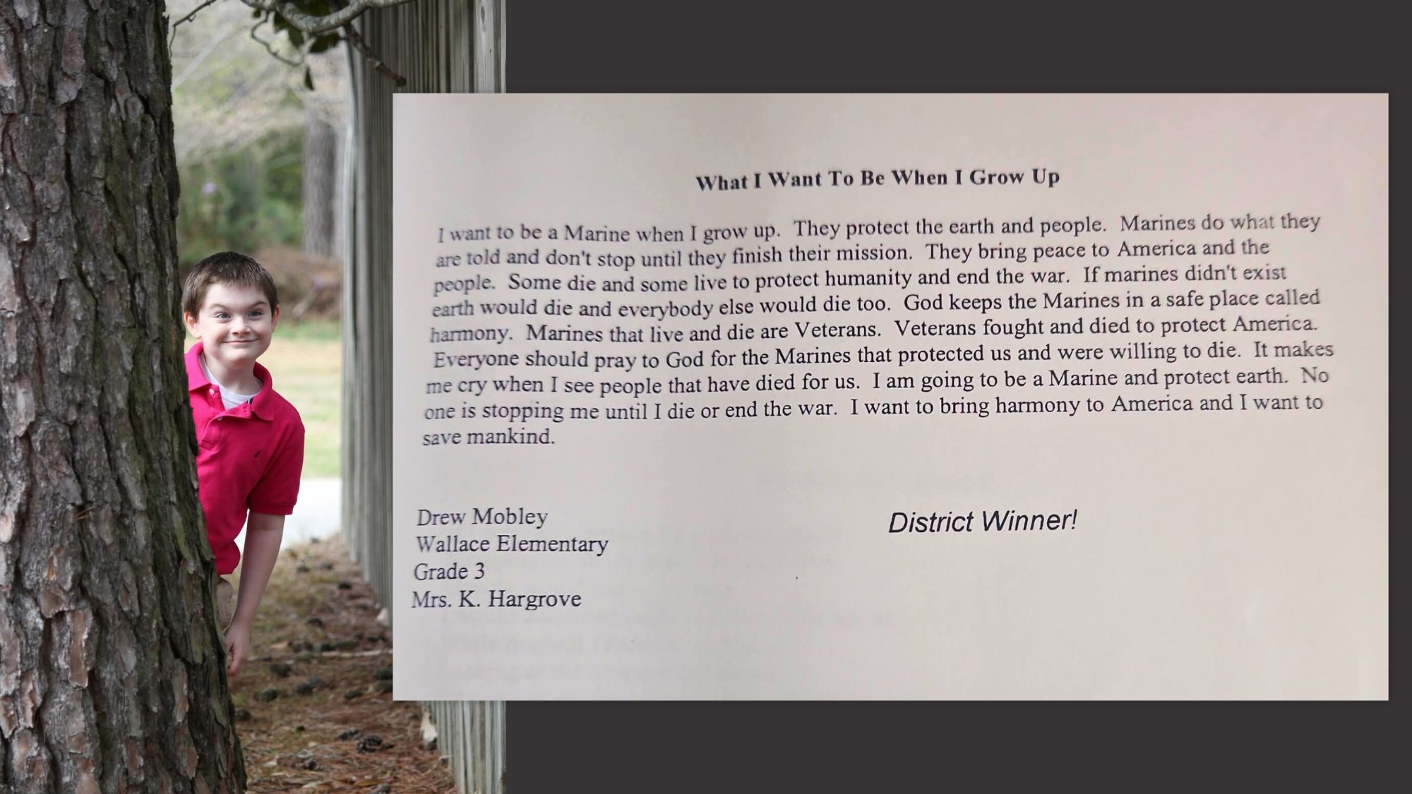 Drew Mobley was 9 when his third-grade essay about wanting to grow up to be a Marine won a Duplin County School District essay contest. (Photos courtesy of April Mobley)
