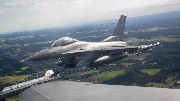 Caption: F-16s with the 480th Fighter Squadron fly over Germany in 2024. Air Force photo by Senior Airman Jessica Sanchez-Chen.