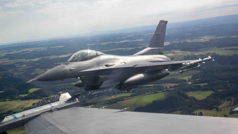 Caption: F-16s with the 480th Fighter Squadron fly over Germany in 2024. Air Force photo by Senior Airman Jessica Sanchez-Chen.