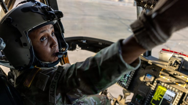 U.S. Army Chief Warrant Officer 2 Calvinita Alston, a CH-47 Chinook helicopter pilot with the 3rd Battalion, 501st Attack Battalion, Combat Aviation Brigade, 1st Armored Division, assigned to Joint Task Force-Southern Border (JTF-SB) in support of Operation Ardent Vanguard, prepares for air extraction operations near Marine Corps Air Station Yuma, Ariz., July 9, 2026. The operation strengthened air-ground integration by rehearsing the air insertion, tactical employment and extraction of personnel and Infantry Squad Vehicles. U.S. Northern Command is working side-by-side with the Department of Homeland Security and the U.S. Customs and Border Protection within narrowly defined authorities to provide unique military capabilities to protect the territorial integrity of the U.S. southern border. (Dept. of War photo by Cpl. Mhecaela Watts)