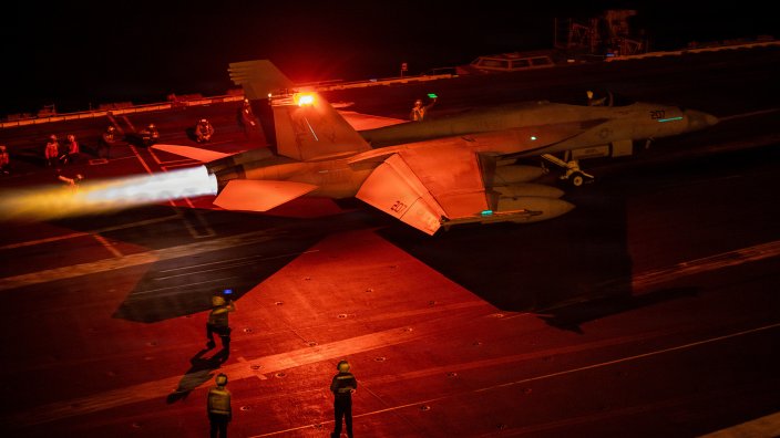 An F/A-18 Super Hornet, attached to Strike Fighter Squadron (VFA) 27, takes off from the flight deck of Nimitz-class aircraft carrier USS George Washington (CVN 73), Sept. 1, 2026. George Washington is deployed to the U.S. 5th Fleet area of operations to support maritime security and stability in the Middle East. (U.S. Navy photo)