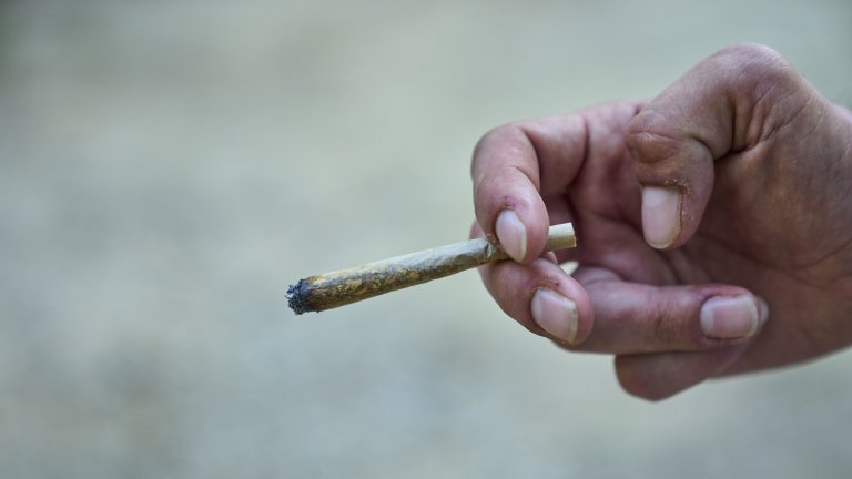 COLOGNE, GERMANY - JUNE 22: Close-up of a hand holding a lit, hand-rolled cannabis joint between fingers on June 22, 2026 in Cologne, Germany. (Photo by EyesWideOpen/Getty Images) 