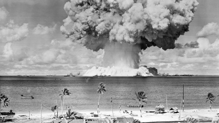 View of a cloud plume 10 seconds after a nuclear detonation, code named 'Baker,' Bikini Atoll in the Marshall Islands, July 24, 1946. The nuclear detonation was the second of 'Operation Crossroads' ('Able' was carried out on July 1). The ships were all unmanned and were later tested for radiation exposure. (Photo by PhotoQuest/Getty Images) 