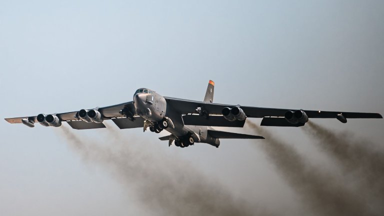 Image: A U.S. Air Force B-52H Stratofortress strategic bomber assigned to the 69th Expeditionary Bomb Squadron takes off within the U.S. Central Command area of responsibility, Nov. 15, 2024. The B-52H provides strategic options and flexibility to U.S. and coalition senior leaders with the aircraft's ability to employ a wide range of weapons with precision and deliver a decisive response to adversaries who threaten peace and security across the region. (U.S. Air Force photo by Airman 1st Class Zeeshan Naeem