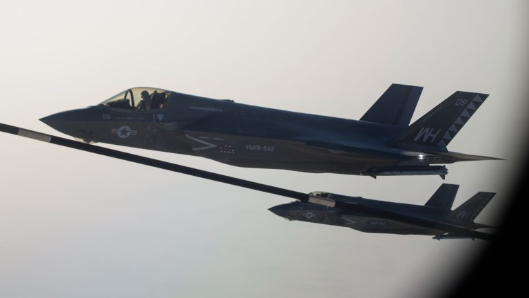 Two U.S. Marine Corps F-35B Lightning IIs with Marine Fighter Attack Squadron 542 participate in air-to-air refuel operations in the U.S. Central Command area of responsibility, June, 9, 2025. (U.S. Marine Corps photo by Cpl. David Ornelas Baeza) 