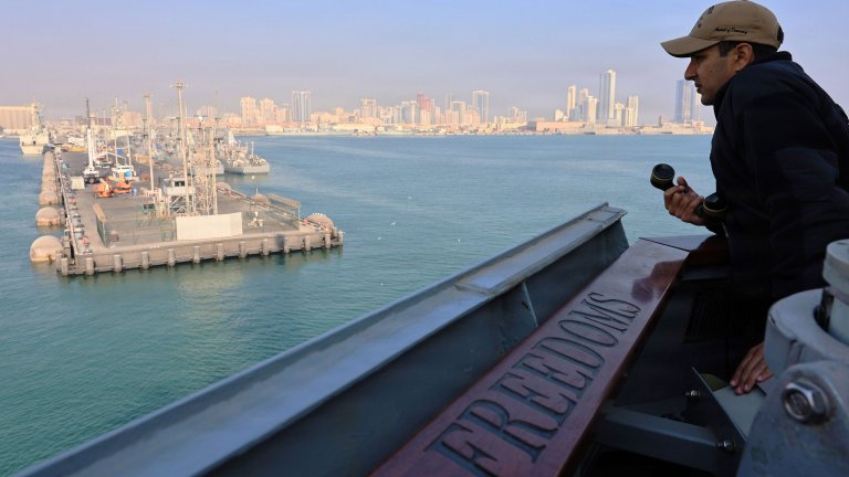 260107-N-IE405-1164 MANAMA, Bahrain (Jan. 7, 2026) U.S. Navy Ensign Himmat Walha, assigned to the Arleigh Burke-class guided-missile destroyer USS Roosevelt (DDG 80), stands conning officer watch during a sea-and-anchor evolution in Manama, Bahrain. Roosevelt is deployed to the U.S. 5th Fleet area of operations to support maritime security and stability in the U.S. Central Command area of responsibility. (U.S. Navy photo by Mass Communication Specialist 1st Class Indra Beaufort) 