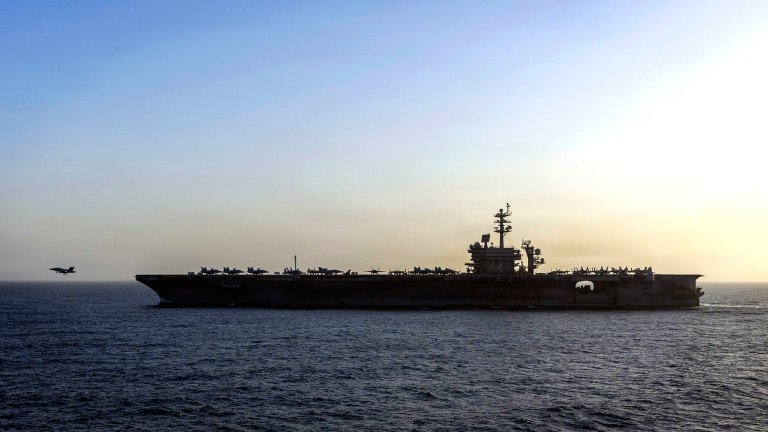 USS Abraham Lincoln (CVN 72) conducts U.S. blockade operations in the Arabian Sea, April 16. The ship's embarked carrier air wing includes eight F-35C stealth fighters, F/A-18 fighter jets, EA-18G electronic attack aircraft, E-2D command and control planes, MH-60 helicopters and CMV-22B Ospreys for logistics support. (U.S. Navy photo)