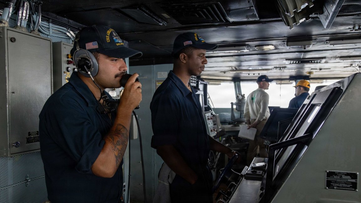 U.S. Sailors stand watch aboard Nimitz-class aircraft carrier USS Abraham Lincoln (CVN 72), July 14, 2026. Abraham Lincoln is deployed to the U.S. 5th Fleet area of operations to support maritime security and stability in the Middle East. (U.S. Navy photo) 
