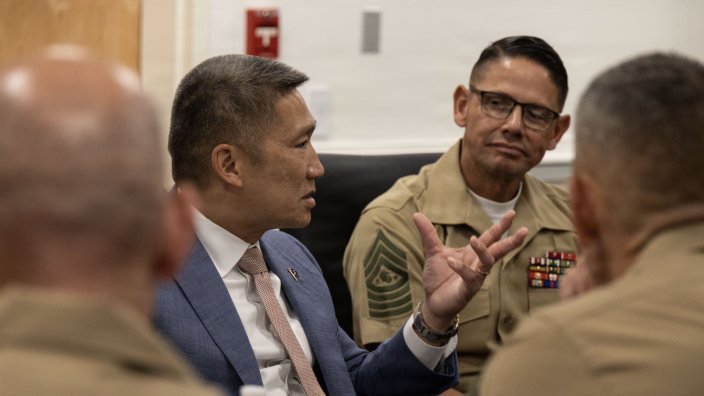 U.S. Marine Corps Sgt. Maj. Carlos A. Ruiz, the 20th Sergeant Major of the Marine Corps, hosts a force-level sergeants major discussion at the Pentagon, as part of the 2026 Sergeant Major of the Marine Corps Symposium (SMMCS) in Arlington, Virginia, July 21, 2026. As part of the discussion, the sergeants major received remarks from The Honorable Hung Cao, Acting Secretary of the Navy. Held from July 21-24, 2026, the SMMCS gathered over 60 senior enlisted leaders and their spouses to discuss troop welfare, manpower, training and education, leadership, and policy. (U.S. Marine Corps photo by Gunnery Sgt Jordan E. Gilbert) 