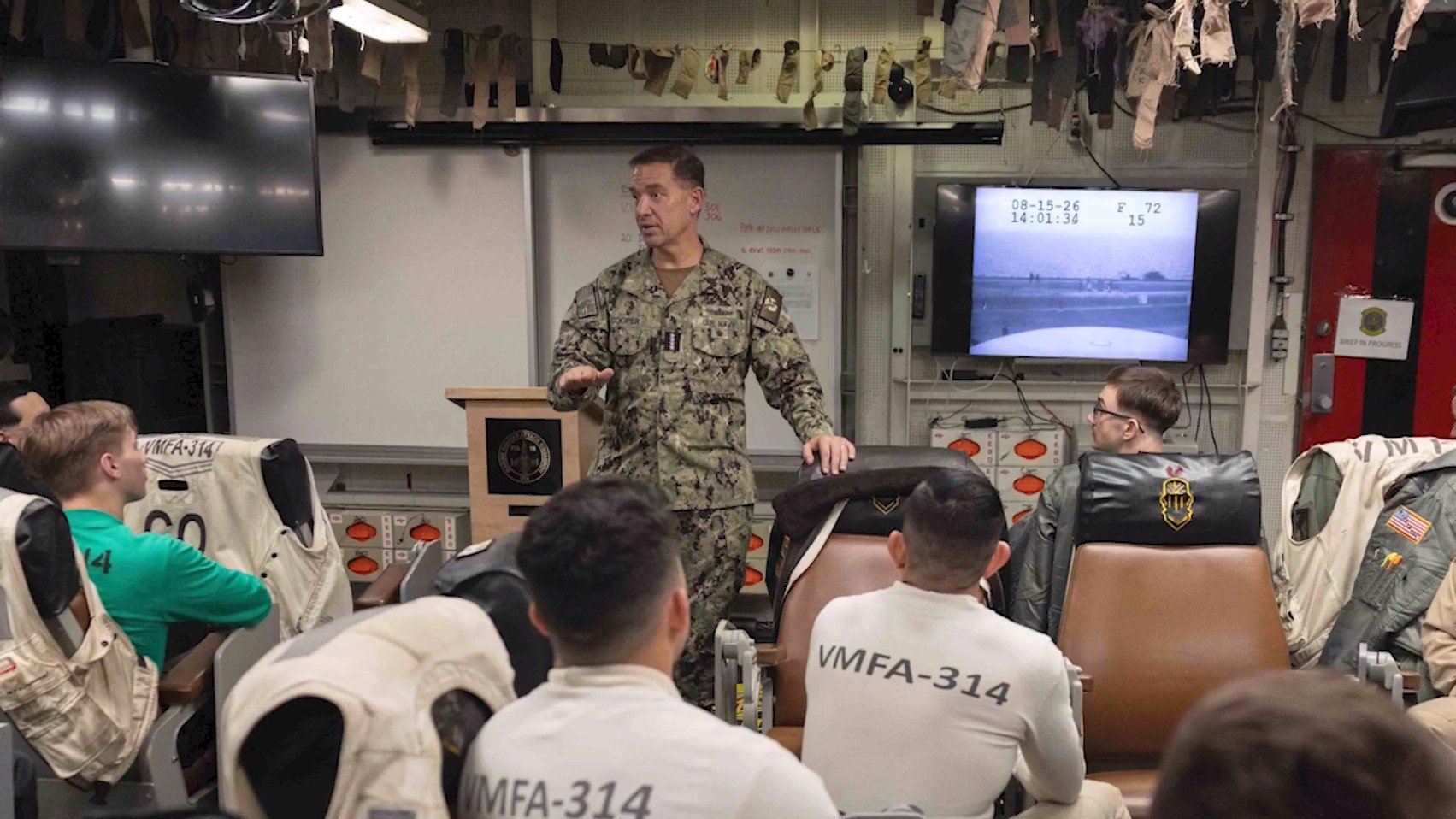 Adm. Brad Cooper speaks with sailors and Marines on the USS Abraham Lincoln on Aug. 15, 2026.