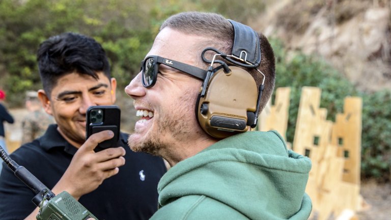 Retired U.S. Marine and Medal of Honor recipient, William Kyle Carpenter, shoots an M4 Carbine during a range event at Marine Corps Base Camp Pendleton, California, Nov. 21, 2019. 1st Battalion, 1st Marine regiment, 1st Marine Division, hosted a range event to give Vietnam veterans and special guests an opportunity to shoot the M4 Carbine. (U.S. Marine Corps photo by Cpl. Ana S. Madrigal)