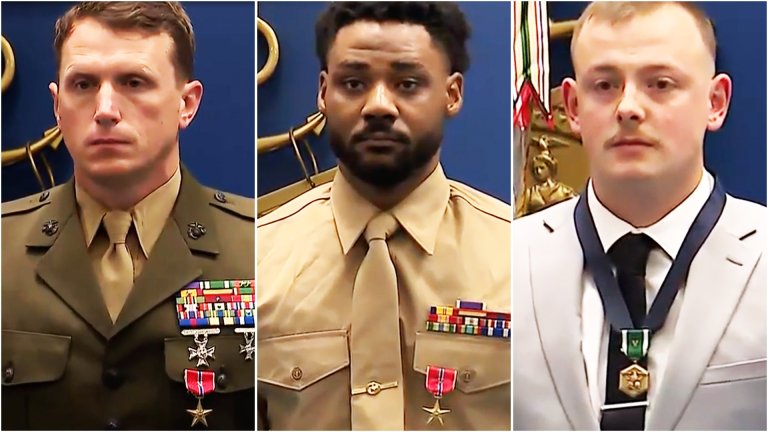 From left, Gunnery Sgt. Jonathan Eby, Lance Cpl. Jordan Houston, and Cpl. Michael Gretzon received upgraded valor wards at a Pentagon ceremony Wednesday.