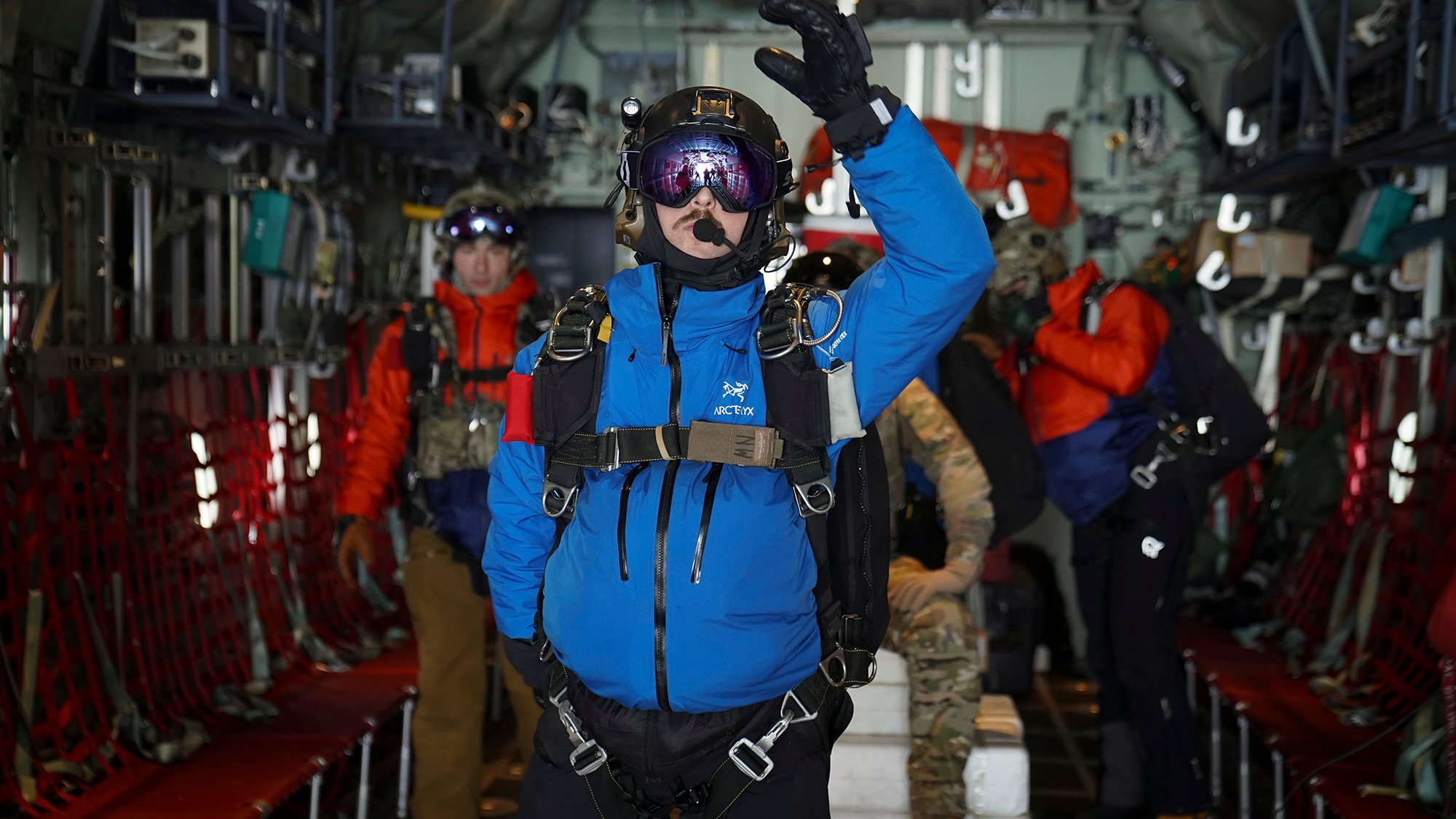 Rescue personnel from the 212th Rescue Squadron prepare to free fall parachute from a 211th RQS HC-130J Combat King II aircraft over the Lower Susitna Valley near Anchorage, Alaska, Feb. 7, 2023. The HC-130J and rescue personnel along with the 210th RQS HH-60G Pave Hawk helicopter sit alert for the federal search and rescue mission across Alaska’s vast Arctic region. The HC-130J’s aerial refueling capability significantly extends the HH-60G Pave Hawk’s range for conducting search and recovery missions. (Alaska National Guard photo by Dana Rosso)