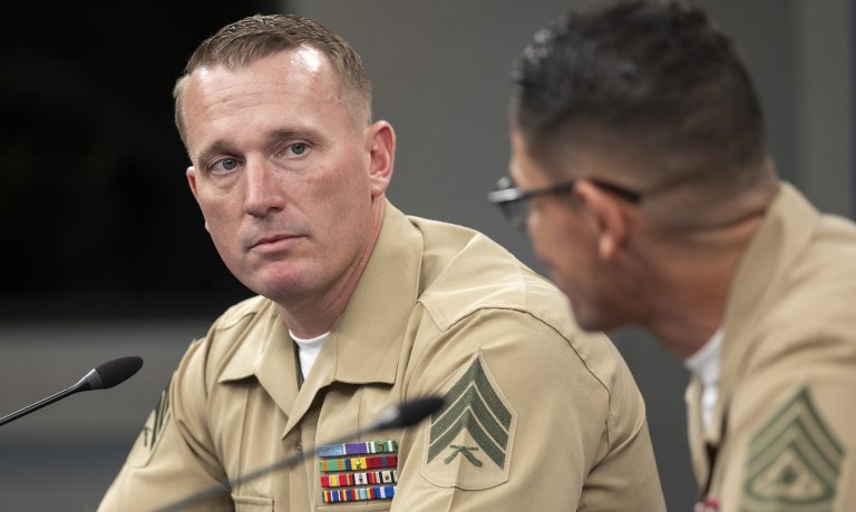 Medal of Honor recipient Dakota Meyer and Sergeant Major of the Marine Corps Carlos A. Ruiz participate in a media roundtable discussion at the Pentagon, Washington, D.C., April 17, 2025. (DoD photo by U.S. Navy Petty Officer 1st Class Alexander Kubitza)