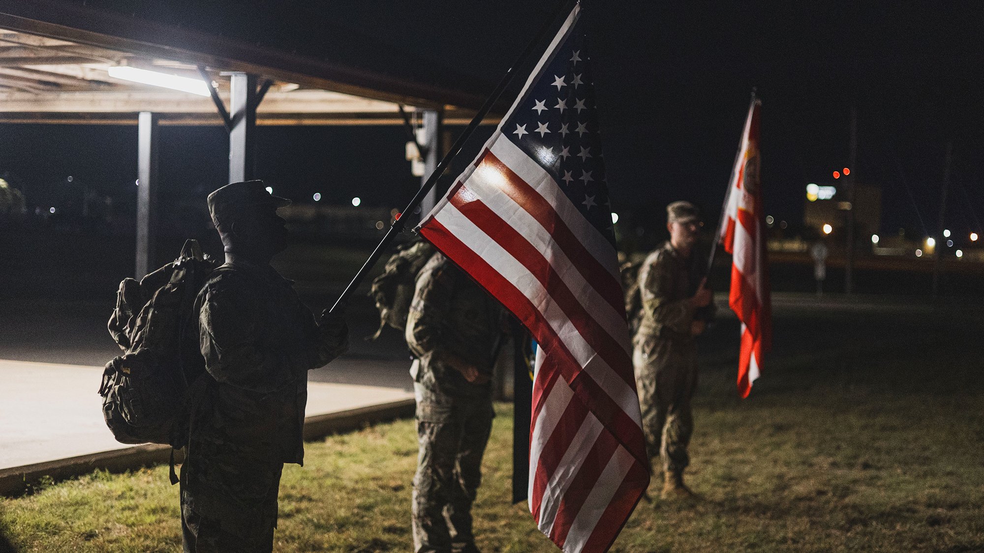 Soldiers assigned to Headquarters and Headquarters Battery, 75th Field Artillery Brigade, participate in a memorial ruck march to commemorate first responders and those who lost their lives in the Sep. 11, 2001 terrorist attacks in Fort Sill, Oklahoma, Sep. 12, 2025. (U.S. Army photo by Sgt. Christian Carrillo)