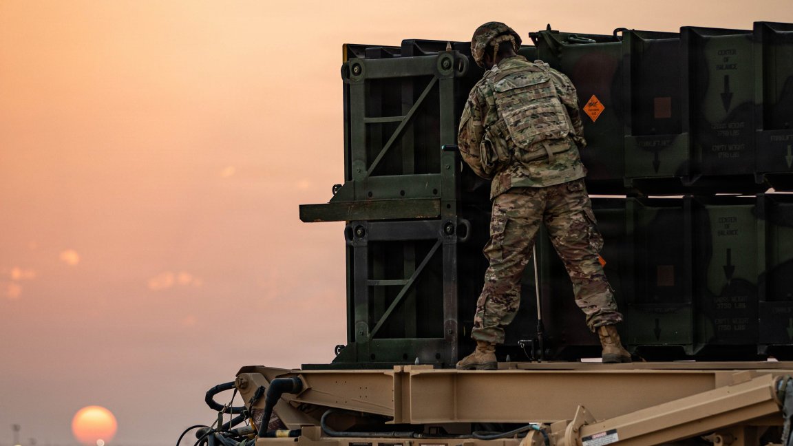 A U.S. Army air defense artilleryman works to place an MIM-104 Patriot missile system into operation in the U.S. Central Command area of responsibility. The Patriot is the Army’s primary terminal-phase anti-ballistic missile system. (U.S. Army photo)