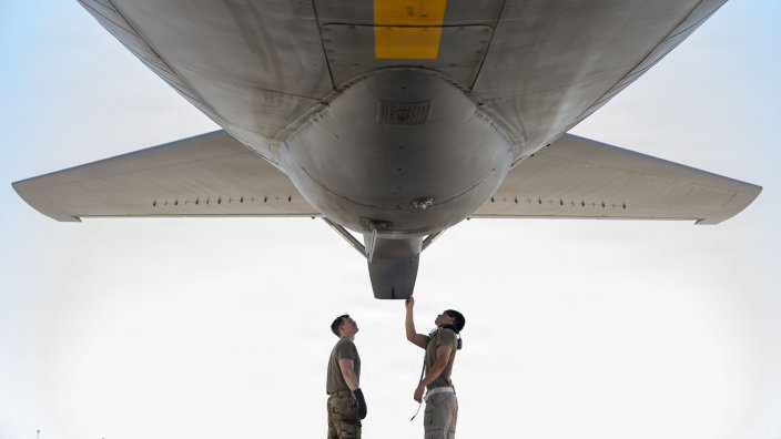 U.S. Air Force Airmen conduct a preflight inspection outside a U.S. Air Force KC-135 Stratotanker aircraft in the U.S. Central Command area of responsibility July 16, 2026. (U.S. Air Force Photo by Senior Airman Brooklyn Golightly)