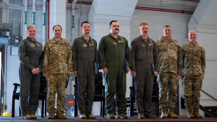 Featured Art: Maj. Gen. Melissa Coburn, left, Director of Air Force Reserve Personnel, poses for a photo with 911th Airlift Wing senior leaders and Steel Airmen who received the Distinguished Flying Cross during an awards ceremony at Pittsburgh International Airport Air Reserve Station, Pennsylvania, Sept. 12, 2026. The four Airmen earned the Distinguished Flying Cross, which recognizes heroism or extraordinary achievement during aerial flight, for their actions during a recent deployment. (U.S. Air Force photo by Senior Airman Laura Hessen) 