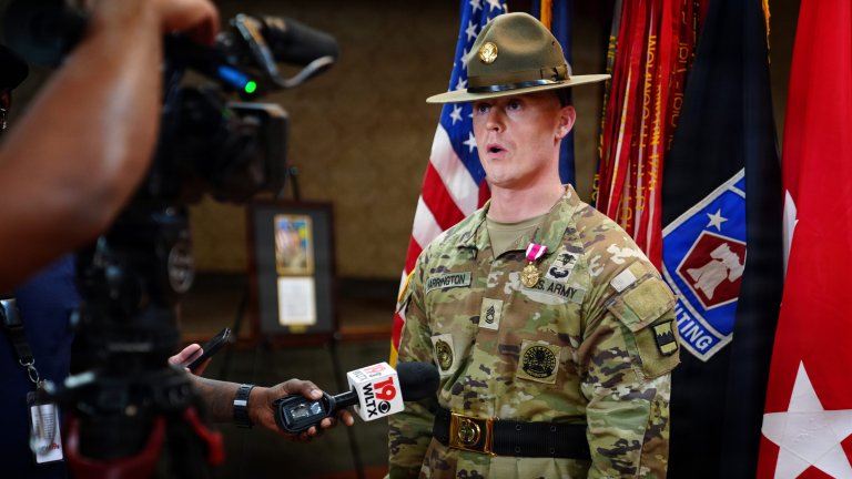 The 2026 Army Reserve Drill Sergeant of the Year winner, DSOY Kevin Harrington, interviews with civilian media after being announced as the 2026 Army Reserve DSOY winner on September 16, 2026, at Ft. Jackson, SC. (U.S. Army photo by Master Sgt. Crystal Harlow)