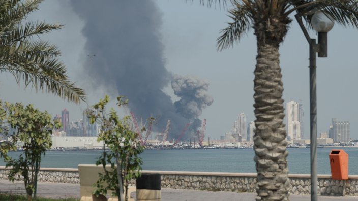 MANAMA, BAHRAIN - FEBRUARY 28: Smoke rises after Iran carried out a missile strike on the main headquarters of the U.S. Navyâs 5th Fleet in Manama in retaliation against US-Israeli attacks, in Bahrain February 28, 2026. (Photo by Stringer/Anadolu via Getty Images) 