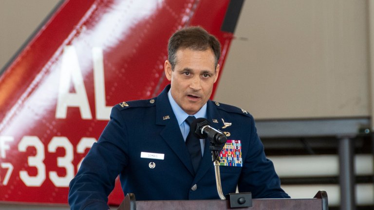 Col. Douglas D. DeMaio, 187th Fighter Wing commander, addresses the wing after his change of command ceremony May 5, 2021, held at the main hangar on Dannelly Field, Ala. During the ceremony, DeMaio addressed the community and wing members describing the threat of the Great Powers and called for an unprecedented partnership.